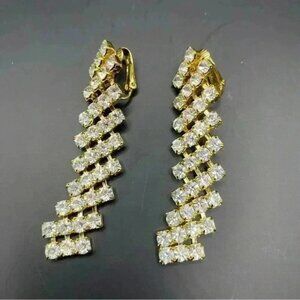 Classic Crystal Rhinestone Waterfall Pierced Earrings Gold-tone Back Clip-on
